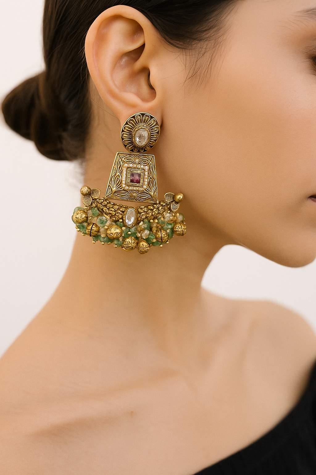 Antique Ruby Green Beaded Temple Earrings